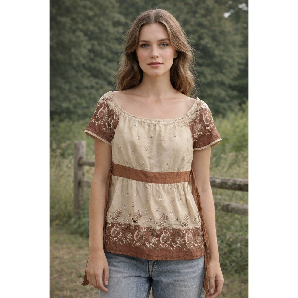 Adini Top Blouse Women's Size L Boho Retro Boat Neck Floral Cotton India NWT